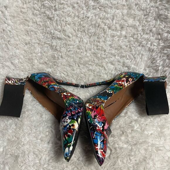 Dollhouse Graffiti print multi color ankle strap heels back zipper  SZ9 - Picture 7 of 13